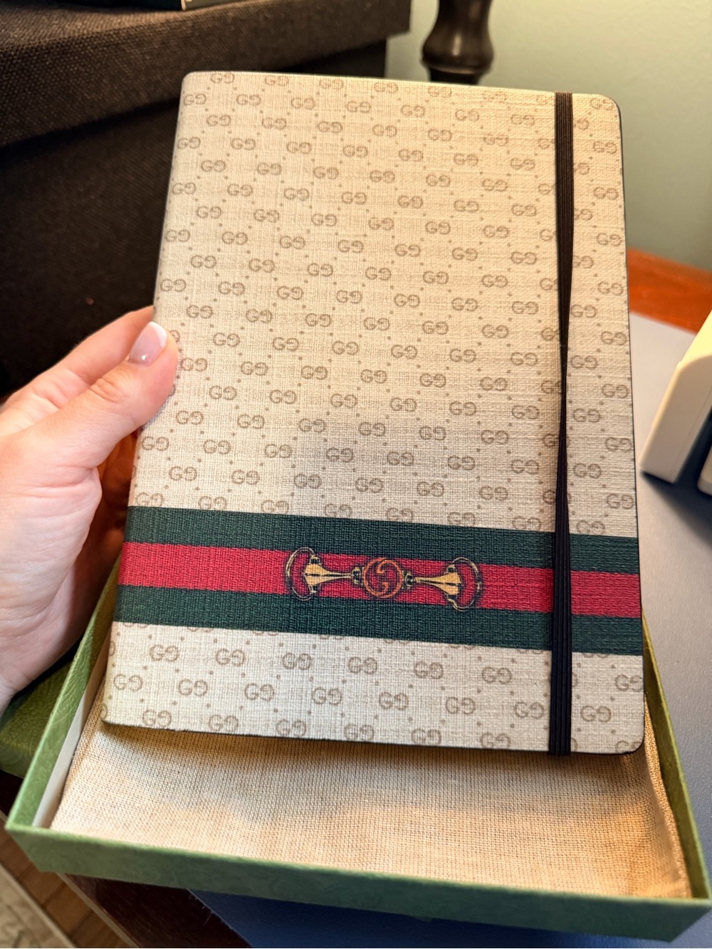 Gucci Beige Monogram Journal with Red & Green Stripe and Gold Horsebit